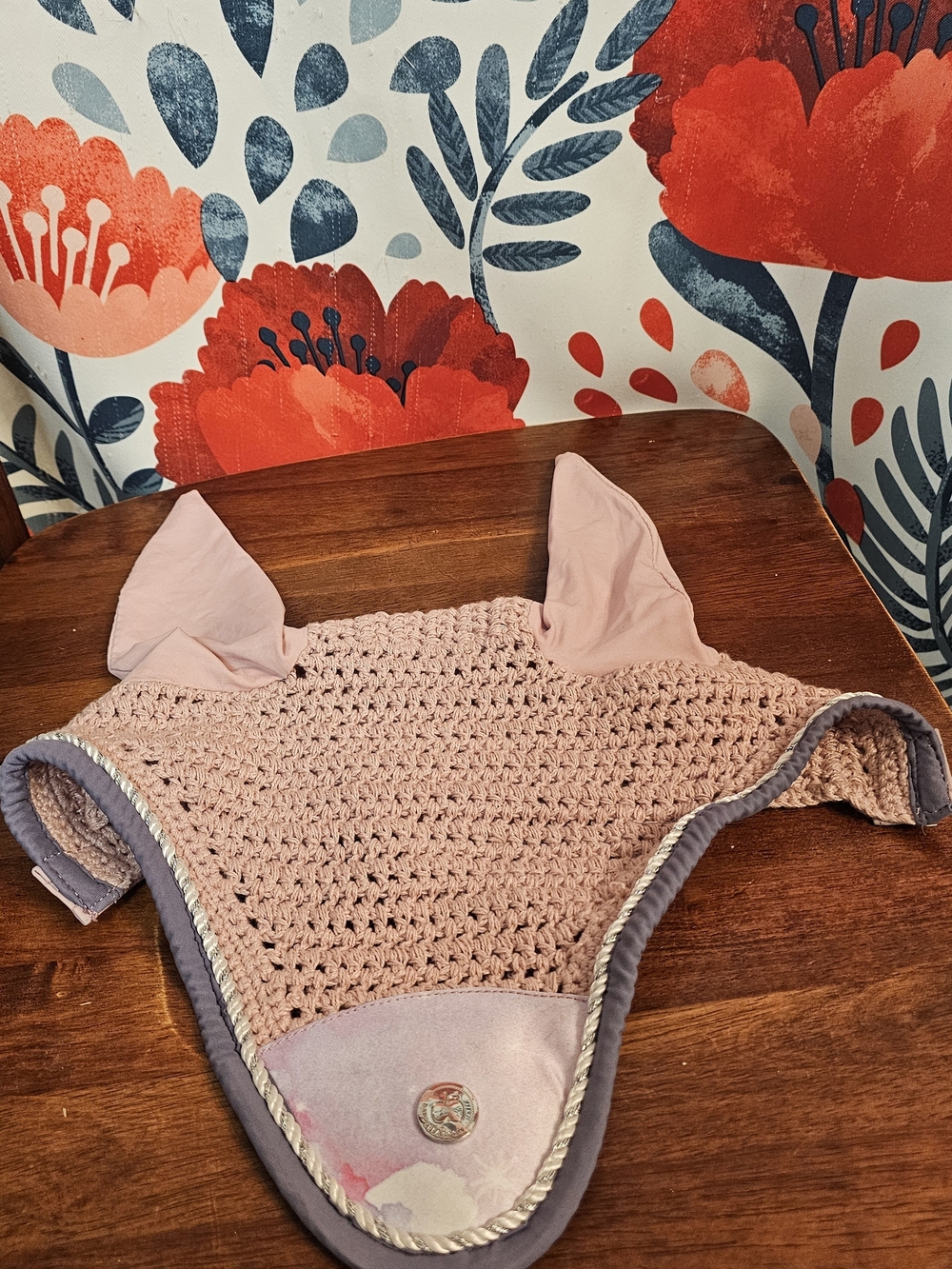 Soft Pink Crochet Ear Bonnet - Lightweight Fly Veil for Horses